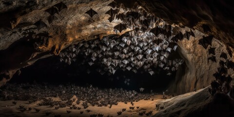 A colony of bats hanging upside down in a cave, concept of Chiroptophobia, created with Generative AI technology Generative AI
