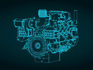 Heavy duty marine diesel engine isometric blueprint