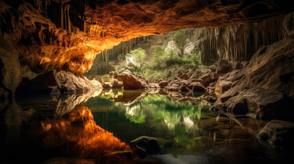 Breathtaking underground cave with lake. Generative AI