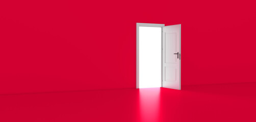 Red Room with the door open for a sky. Door to heaven. Symbol of new career, opportunities, business ventures and initiative. 
 - obrazy, fototapety, plakaty