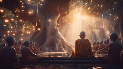 Fototapeta na wymiar Fantasy Lord of Buddha Enlightenment meditating sitting with crowd of monk under bodhi tree for Makha, Visakha