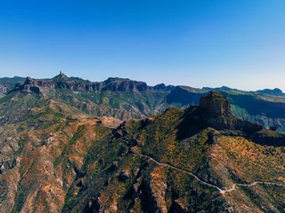Papier Peint photo Lavable les îles Canaries Aerial image of the Gran Canaria mountain landscape with Roque Nublo and Bentayga seen at golden hour