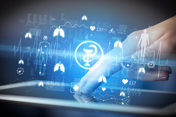 Close-up of a touchscreen with healthcare icons