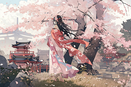 Generative ai. Geisha in blooming sakura garden anime illustration.