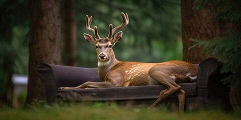 Deer resting on sofa in forest