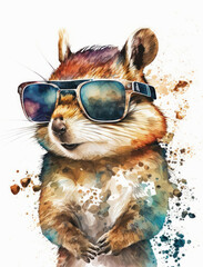 Watercolor Squirrel with Sun Glasses Illustration Isolated on White Background. Colorful Digital Animal Art