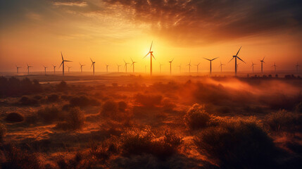 Obraz premium Wind turbines of a large power generation plant at sunset - ai generative