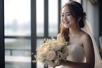 Radiant Asian bride exudes happiness and smiles in her stunning wedding dress. Generative AI