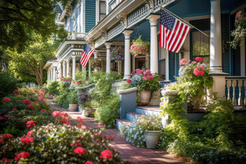 Fototapeta premium Patriotic 4th of July decor on house exterior, Memorial Day. Generative AI