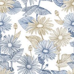  Floral seamless pattern. Background with daisies. Hand-drawn. Graphics. Engraving