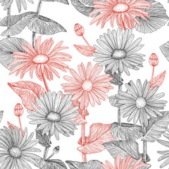 Floral pattern. Seamless background of daisies. Hand-drawn. Graphics. Engraving