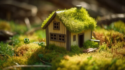 Fototapeta na wymiar small house on green moss, symbolize for ECO. Generative AI