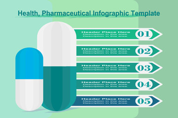 Clear, clean, beautiful health business infographic. Capsule, Pill, tablet, medicine icon. Green and blue tone.