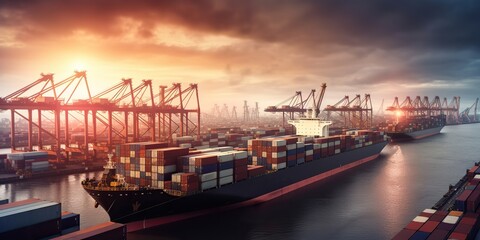 AI Generative. AI Generated. Photo Realistic shot of sea port cargo with ships and containers.  Logistic business transportation doc. Graphic Art