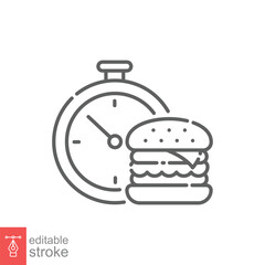 Burger with stop watch icon. Simple outline style. Food service, fast and express delivery concept. Thin line symbol. Vector symbol illustration isolated on white background. Editable stroke EPS 10.