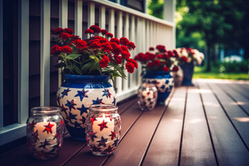 Patriotic flower pots vases with stars on porch of American home, 4th of July, Memorial Day. Generative AI - obrazy, fototapety, plakaty