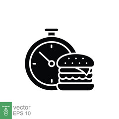 Burger with stop watch icon. Simple solid style. Food service, order, fast and express delivery concept. Silhouette, glyph symbol. Vector symbol illustration isolated on white background. EPS 10.