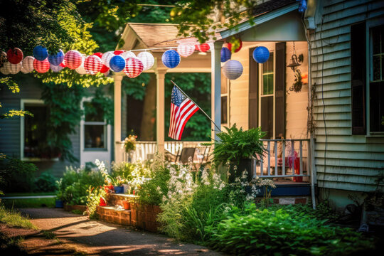 Patriotic 4th of July decor on house exterior, Memorial Day. Generative AI