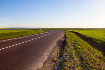 Naklejka premium asphalt road turn among green rural fields
