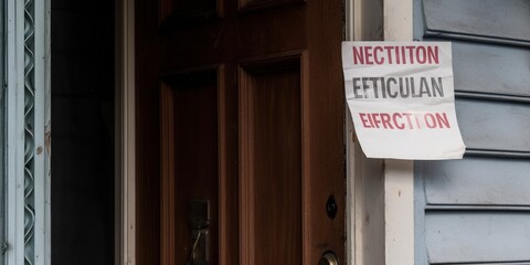 An eviction notice on a front door, representing the devastating effects of financial instability and insecurity, concept of Homelessness, created with Generative AI technology Generative AI
