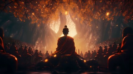 Fantasy Lord of Buddha Enlightenment meditating sitting with crowd of monk under bodhi tree for Makha, Visakha - obrazy, fototapety, plakaty