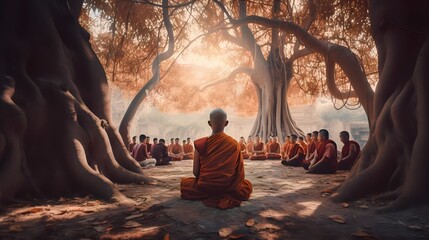 Fantasy Lord of Buddha Enlightenment meditating sitting with crowd of monk under bodhi tree for Makha, Visakha