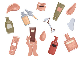 Skincare Cosmetics Vector Set. Hand Cream Tube, Body Lotion, Gua Sha, Facial Massage Roller. - 598658791