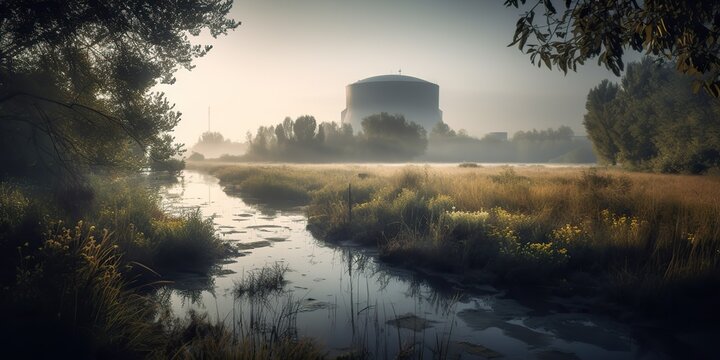 AI Generative, AI Generated. Nuclear atomic power plant electric stration. Dark mood ecology danger vibe. Graphic Art