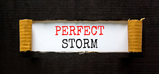 Perfect storm symbol. Concept words Perfect storm on beautiful white paper. Beautiful black paper cardboard background. Business and Perfect storm concept. Copy space.