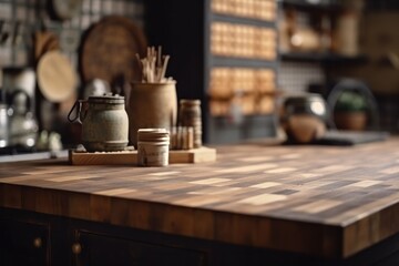 Old tabletop for product display over defocused vintage kitchen background Generative AI