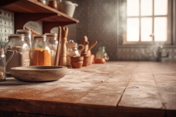 Fototapeta na wymiar Old tabletop for product display over defocused vintage kitchen background Generative AI