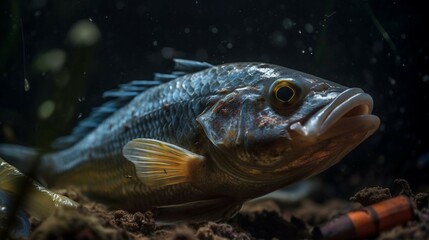 Fototapeta premium Ein tropischer Fisch im offenen Meer umgeben von Plastikmüll.