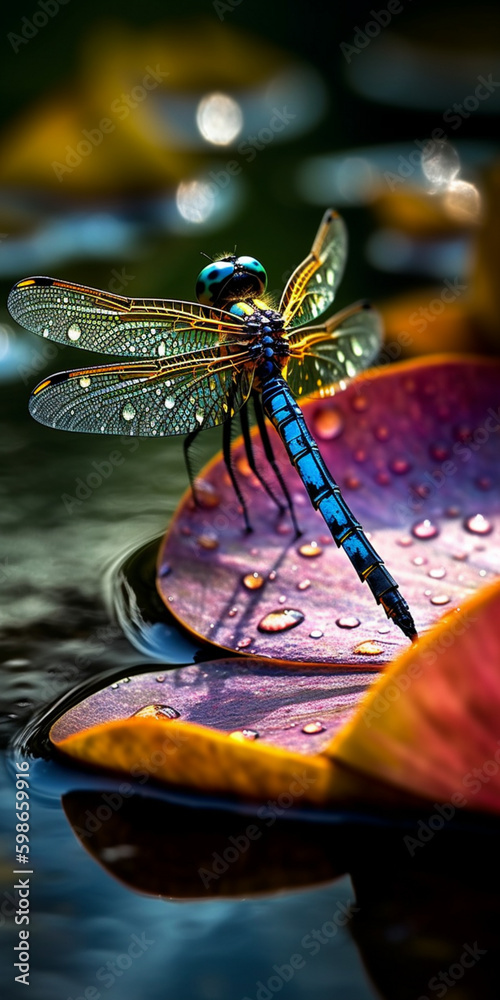 Poster colorful dragonfly sitting on a waterlily in a peace generative ai