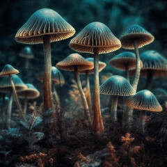 Fairytale illustration of fantastic mushrooms.Generative AI technology.