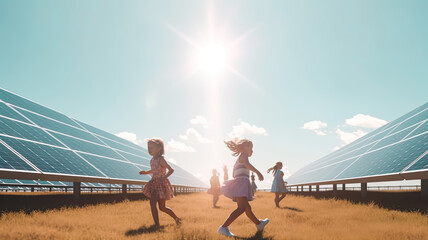 Children is running in clean solar energy farm for renewable concept, Generative AI