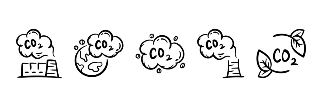 Carbon dioxide CO2 earth air pollution doodle icons. Factory emission gas hand drawn line sketch vector illustration