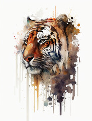Watercolor Tiger Illustration Isolated on White Background. Colorful Digital Animal Art