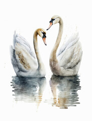 Watercolor Swans Illustration Isolated on White Background. Colorful Digital Animal Art