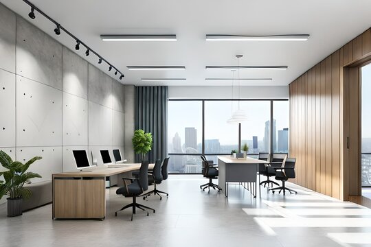 Modern concrete coworking office interior with furniture, window with city view, daylight and empty mockup place on wall. Corporate concept. Mock up, 3D Rendering.