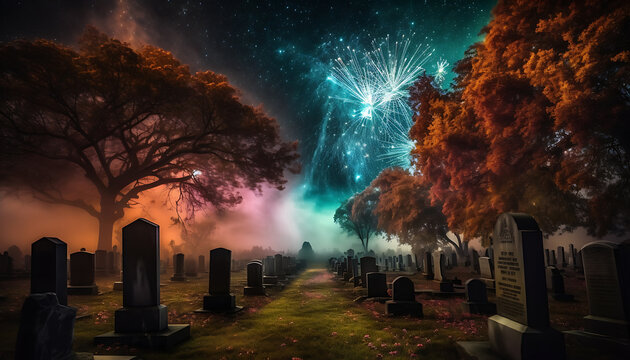 Dark and gloomy graveyard with a burst of bright and colorful fireworks exploding above. The fireworks illuminate the gravestones in a surreal and eerie way, generative ai
