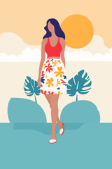 Woman in minimalism flat style, bright and colorful on the background of the sea, can be used for home poster, postcard