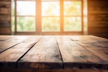 Wooden table top on defocused bathroom and window background