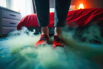 Red stinky shoes with green fumes swirling around them,  foot odor concept, Generative AI
