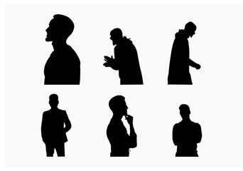 silhouette of a person.Man in jacket standing with hand in his pocket, side view, isolated vector silhouette.Set of people silhouettes.people, men and women, set, isolated, vector