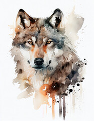 Watercolor Wolf Illustration Isolated on White Background. Colorful Digital Animal Art