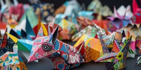 Intricate origami figures assembled from vibrant, patterned paper, awaiting display, concept of Paper artistry, created with Generative AI technology Generative AI