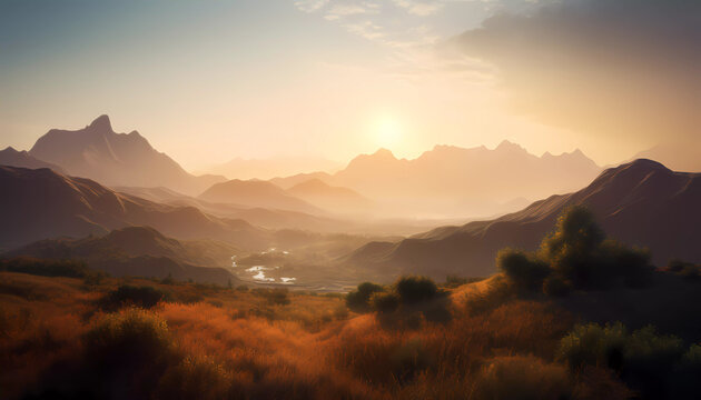Golden Peaks at Sunset - AI Generated Image: