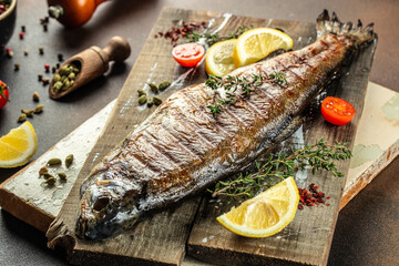 Baked Trout. Healthy food concept. place for text, top view