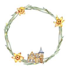 Summer flowers wreath,watercolor illustration for cards,backgrounds. Watercolor illustration for scrapbooking. Cartoon hand drawn background with flower for kids design.Perfect for wedding invitation.