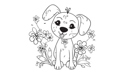 Coloring Page Outline Of Cartoon little dog on flower clearing. Puppy Coloring Pages, dog coloring pages, animal coloring pages for kids children vector illustrations.